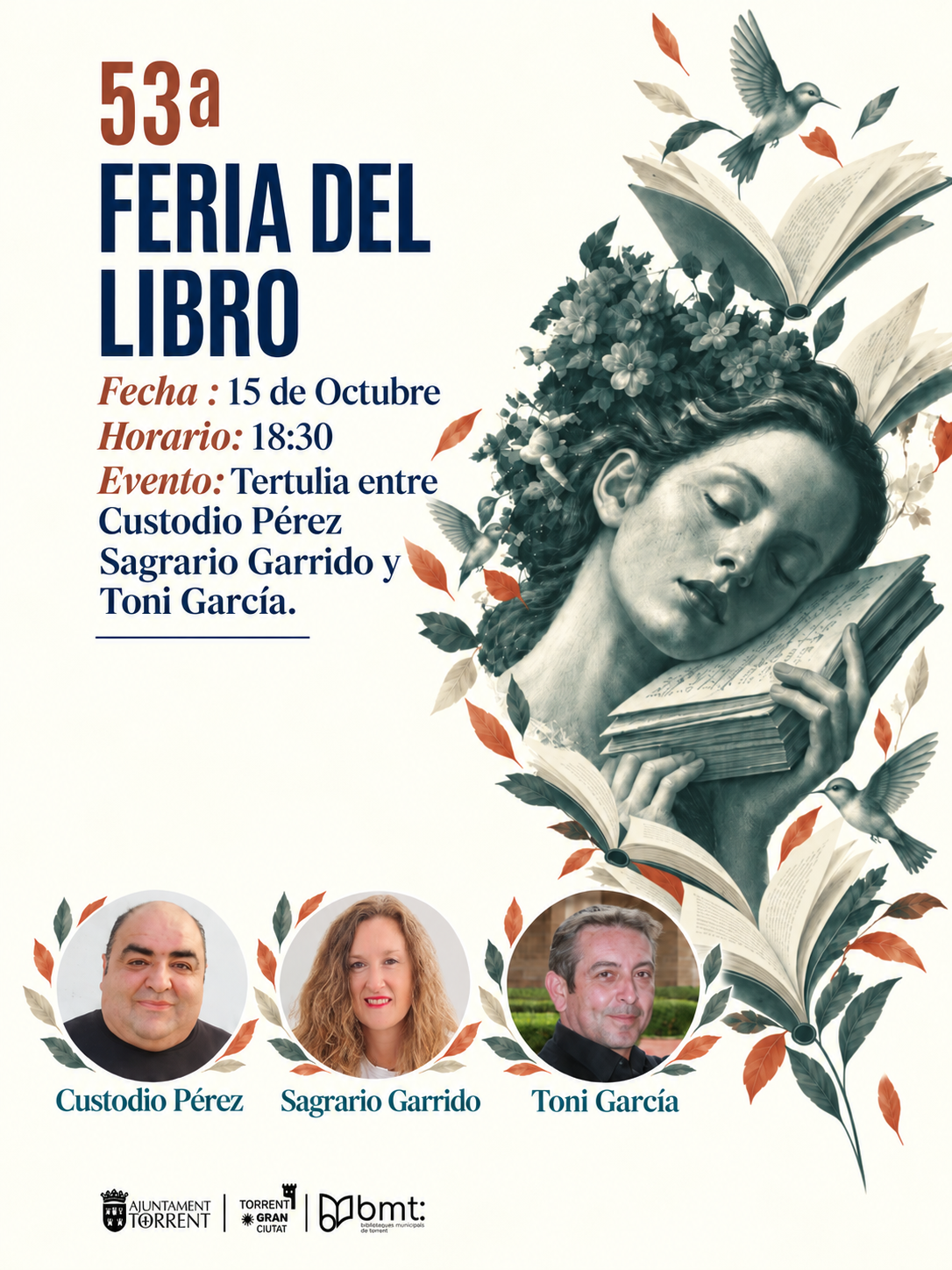 Cartel literario con libros y aves